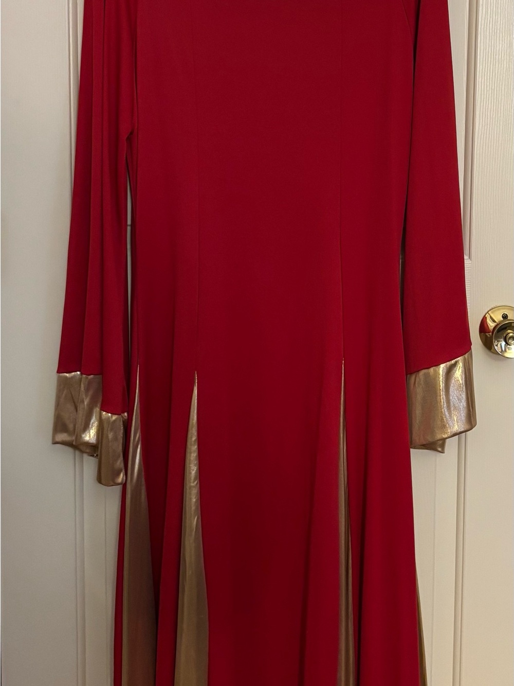 Praise Dance Attire. Red Long Sleeve Dress with Gold Accents